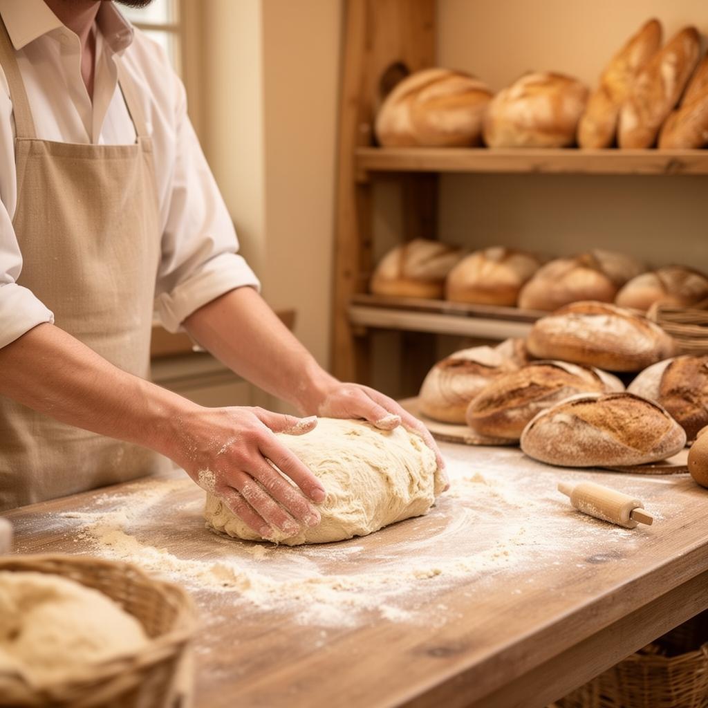 Baker kneading dough in a cozy bakery