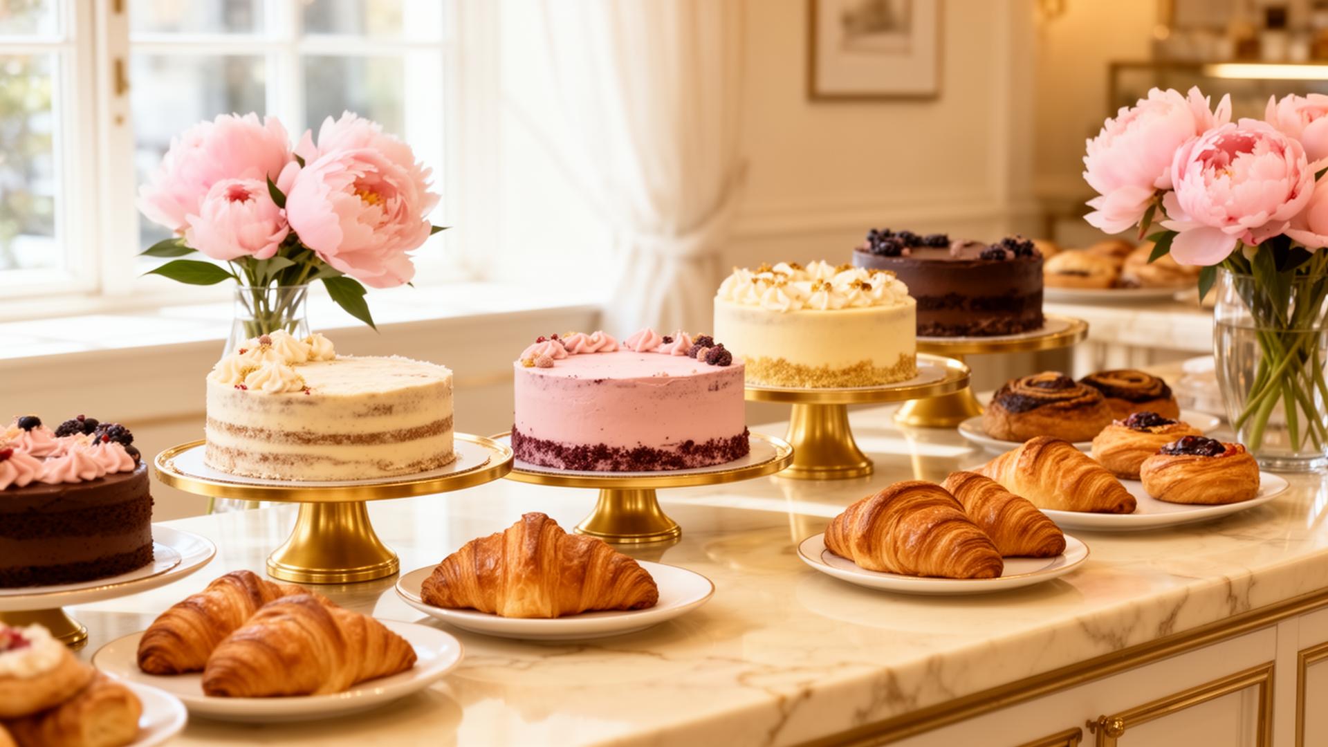 Assorted premium cakes and pastries on a marble counter